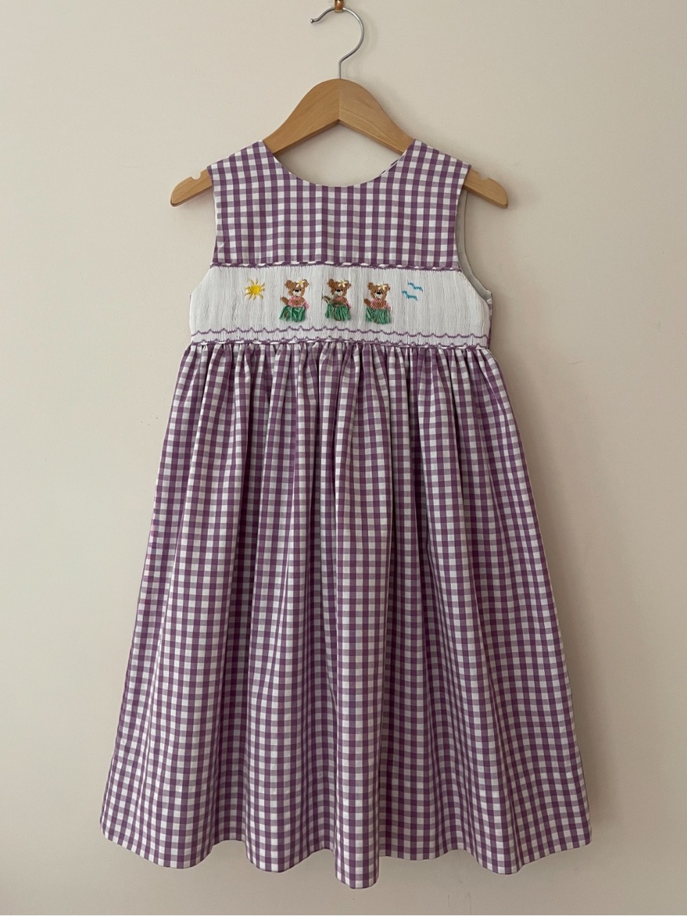 RARE! HAND SMOCKED EUC Lilac Gingham Hula Bear Summer Vacation Heirloom Dress
